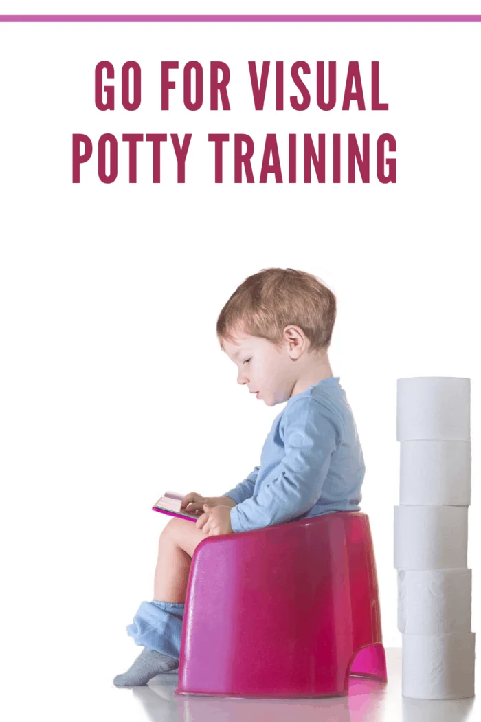 child looking at flashcards on potty training toilet