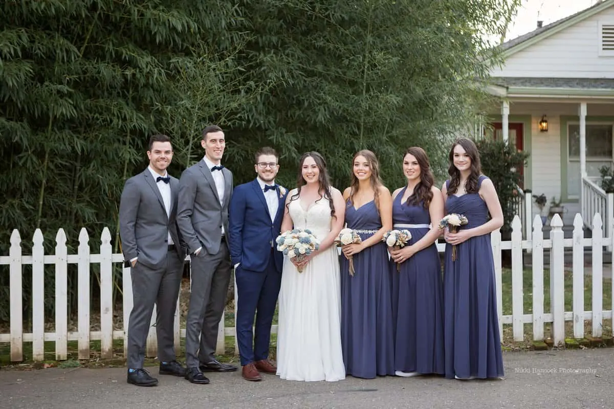 bridal party in stormy blue