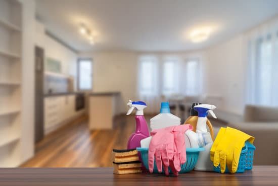 cleaning supplies on counter with clean home in background