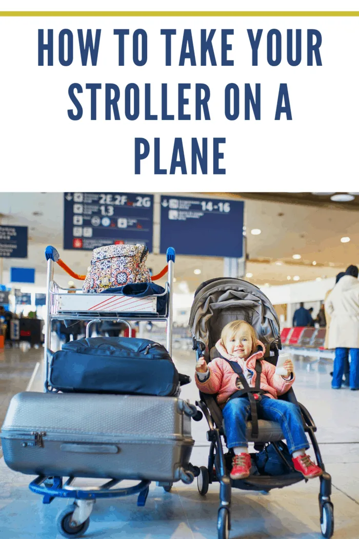 Adorable little toddler girl in international airport. Small child sitting in pushchair near heavy luggage. Traveling abroad with kids