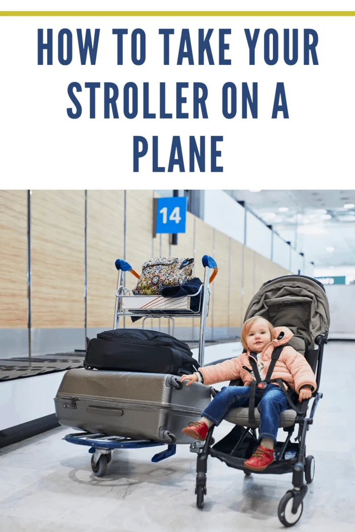 Adorable little toddler girl in international airport. Small child sitting in pushchair near heavy luggage. Traveling abroad with kids