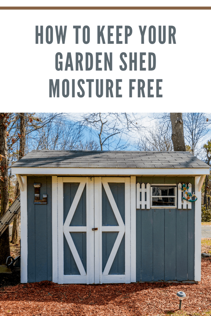 blue gray shed with white trim and small window