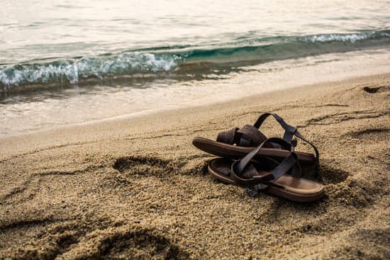 Pair of leather brown sandals on a sundy beach near the sea