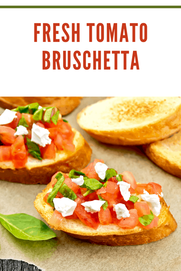 Tomato Bruschetta with mozzarella reminds me of a fancier version of my favorite--slices of tomatoes, on top of slices of mozzarella cheese with basil leaves in between.