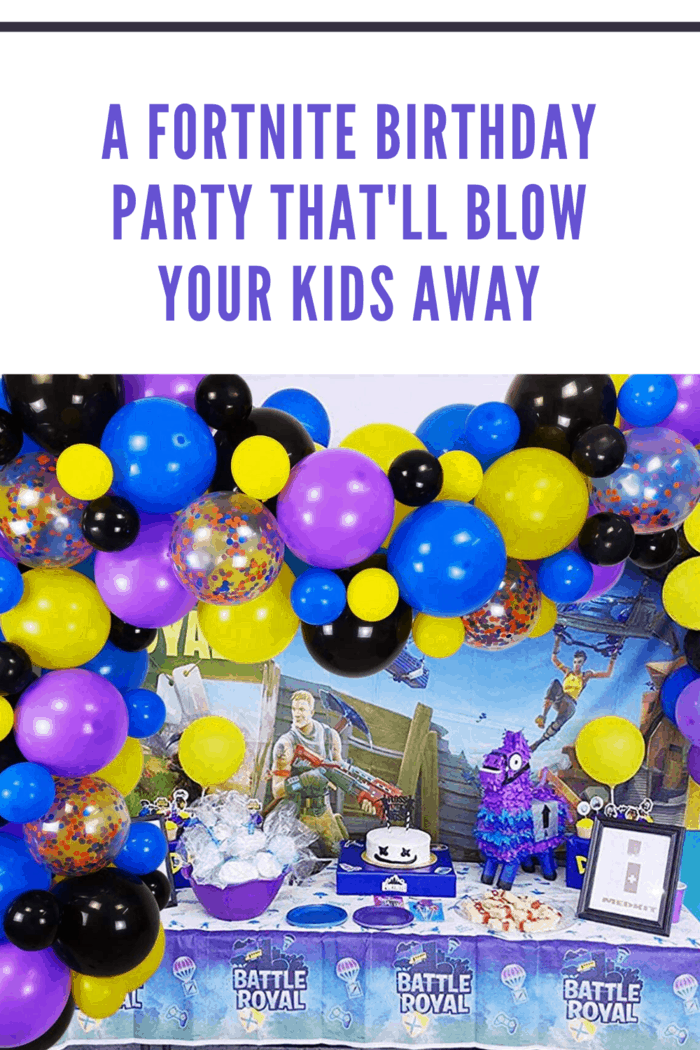 fortnite birthday theme table with balloon garland