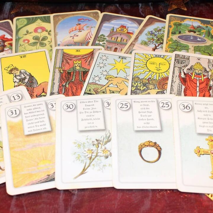 deck of tarot cards spread out