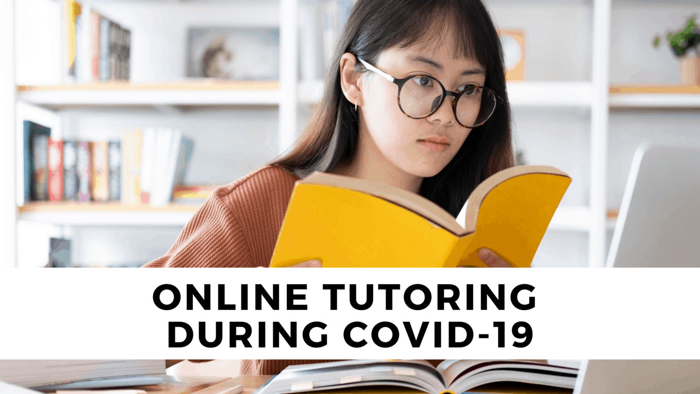girl with glasses holding yellow book in session of online tutoring during covid-19