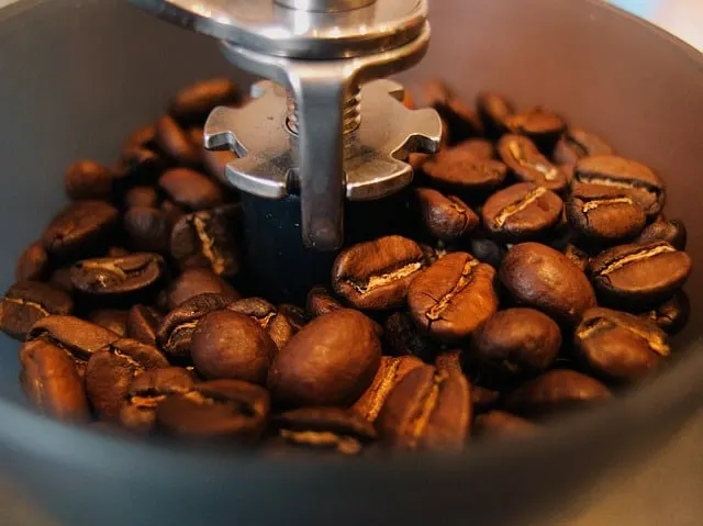close up of coffee beans in coffee grinder