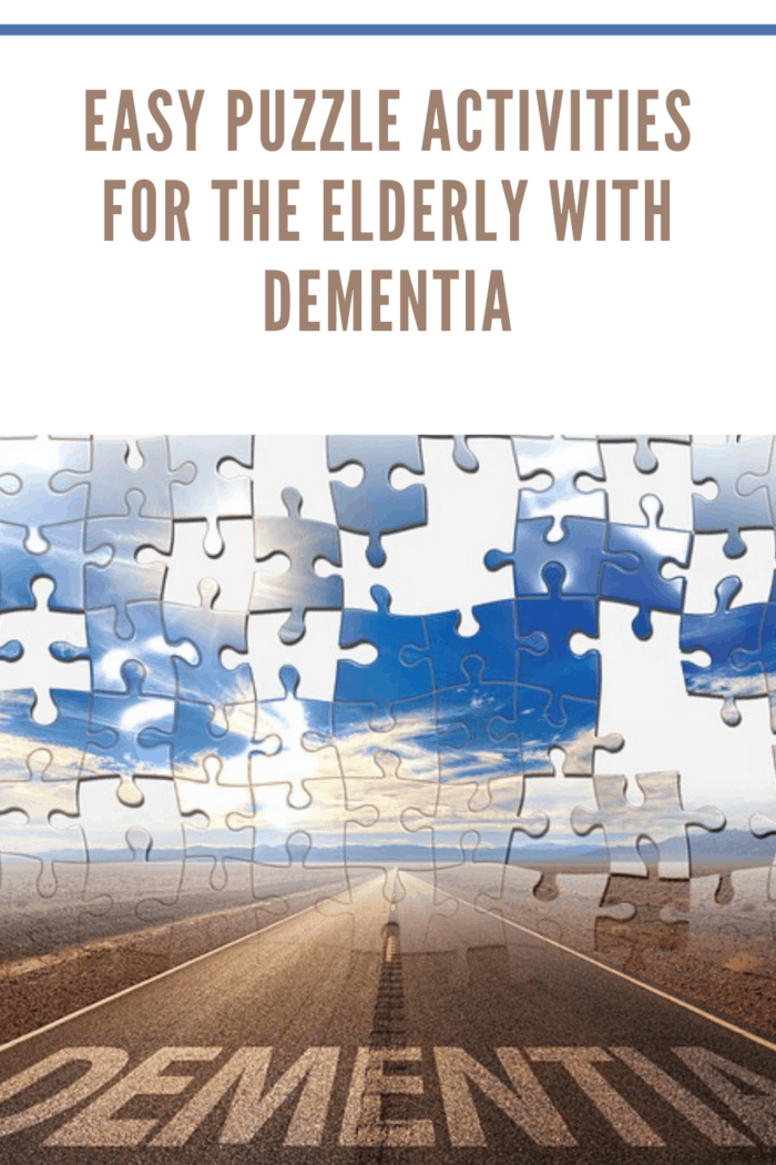 road leading into horizon with picture as a jigsaw puzzle and the word dementia on the bottom depciting problem solving and puzzle fun for the elderly with dementia