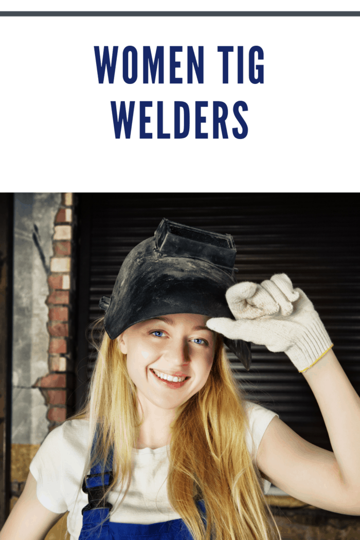 woman tig welder with mask up and smiling