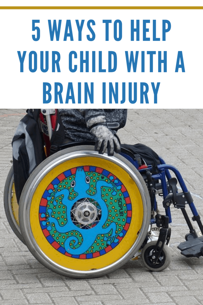 child's wheelchair with chameleon wheels after child brain injury