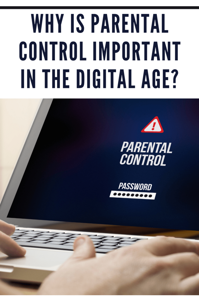 technology child protection concept: man using a laptop with parental control on the screen. Screen graphics are made up.