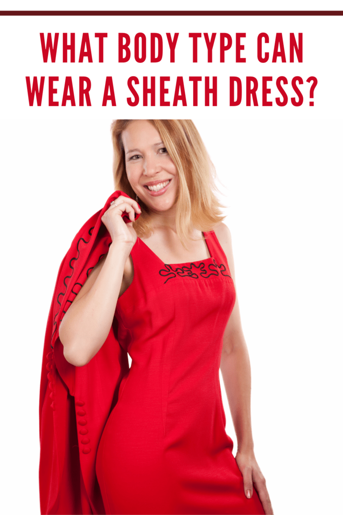 Blonde woman wearing a red sheath dress, ideal for hourglass and athletic body types, styled for versatility.