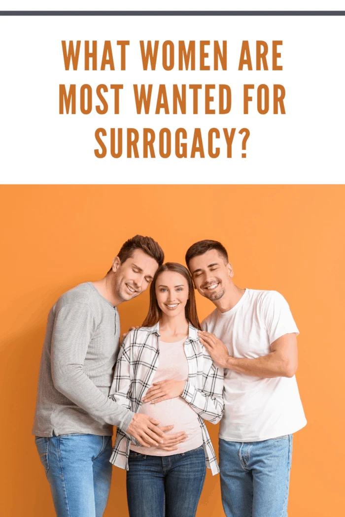 Gay couple with pregnant surrogate woman on color background