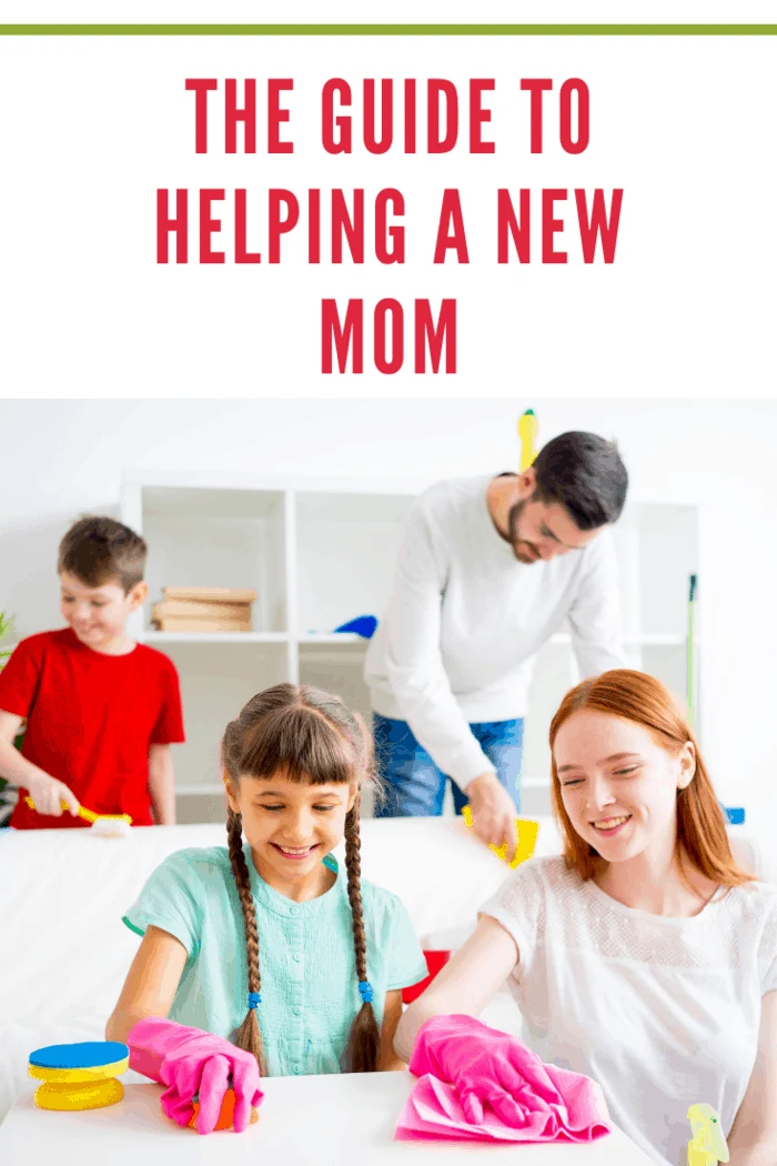 Happy family of four is cleaning their house to help a new mom