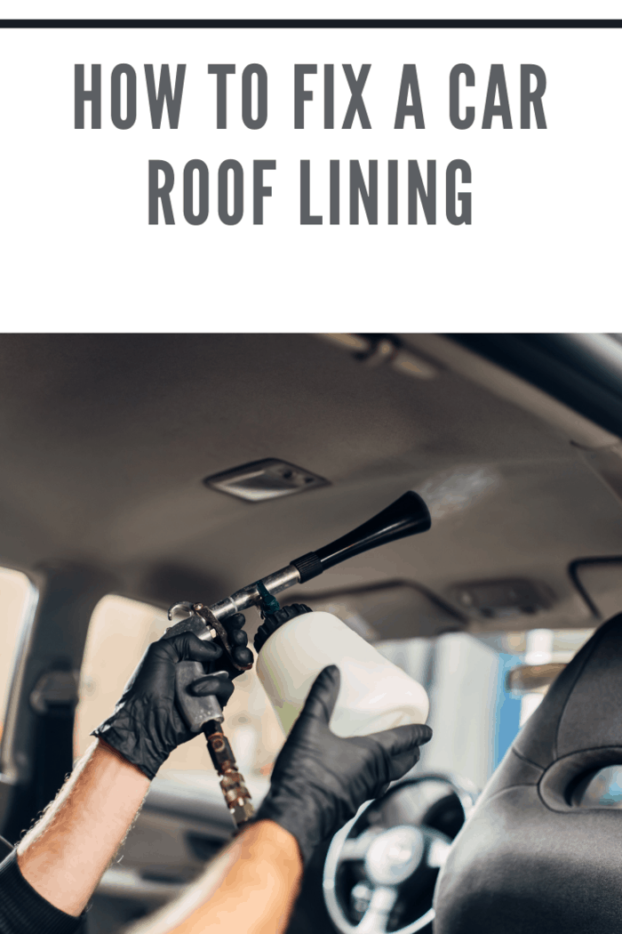 Car roof lining repair service male worker in gloves using special spray. Professional dry cleaning of car ceiling covering, vehicle interior hygiene