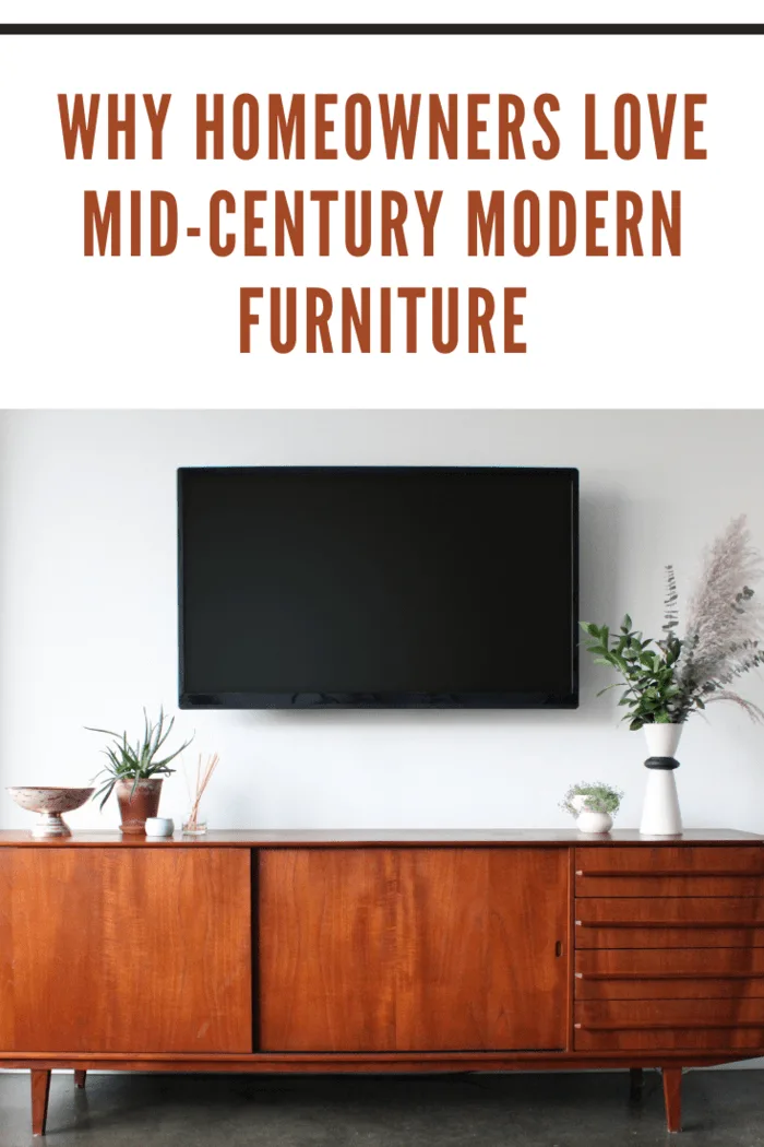 A 50 inch flat screen TV wall is mounted above a mid century modern teak credenza. Decorated with simple, modern pottery, plants, candle and aromatherapy.