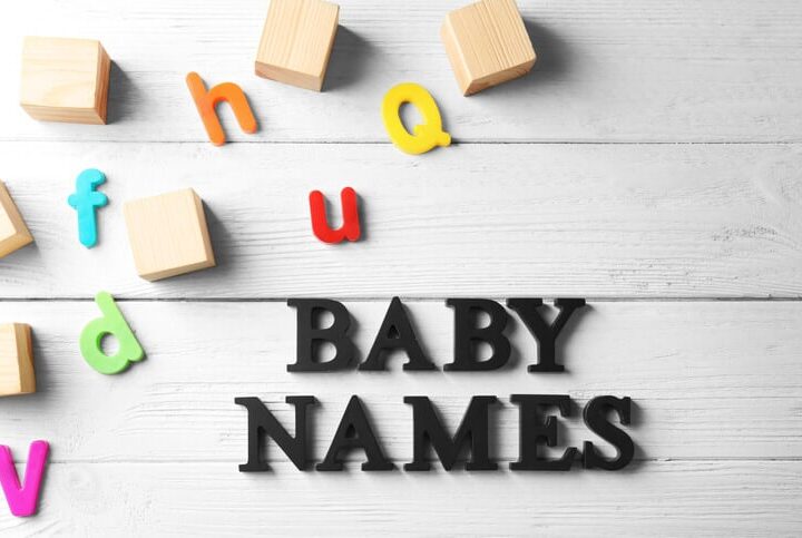 Text BABY NAMES on wooden background