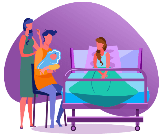 clip art of surrogacy where surrogate is in hospital bed and new parents are holding the new baby
