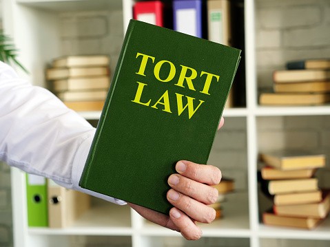 Hand shows the Tort law book in the office.