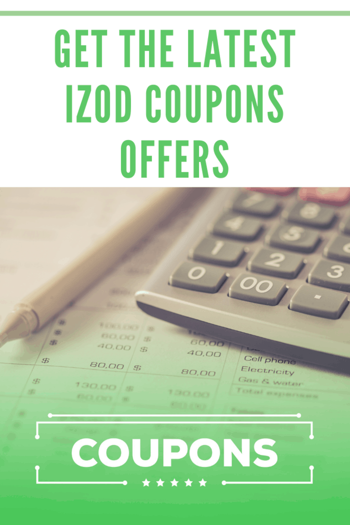 izod coupons text on green background overlay of calculator 