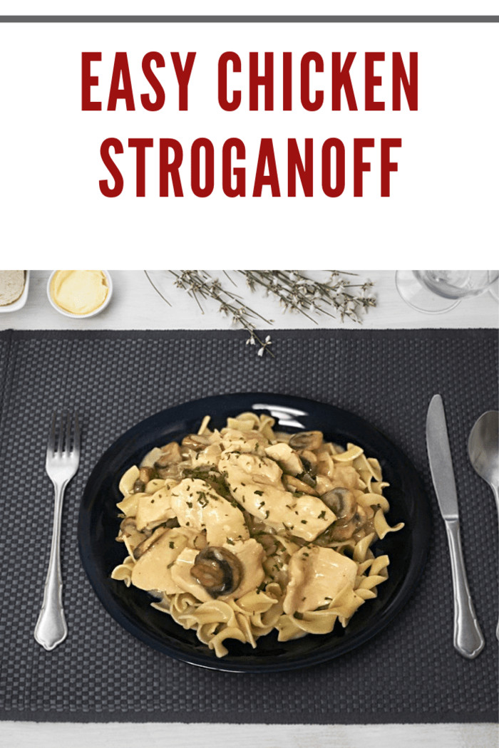 easy chicken stroganoff on black plate