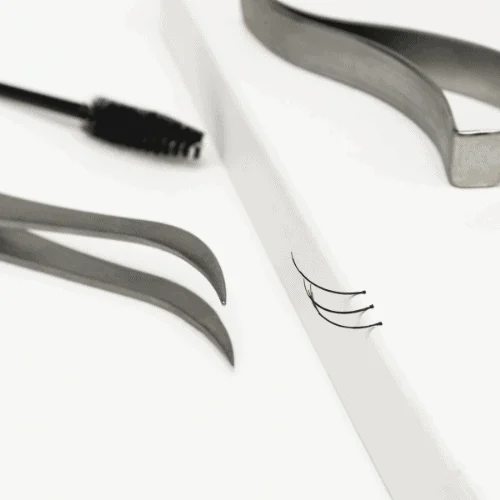 still-life of tools and fan lash extensions