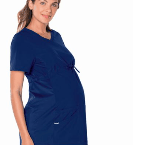 pregnant nurse in navy maternity scrubs