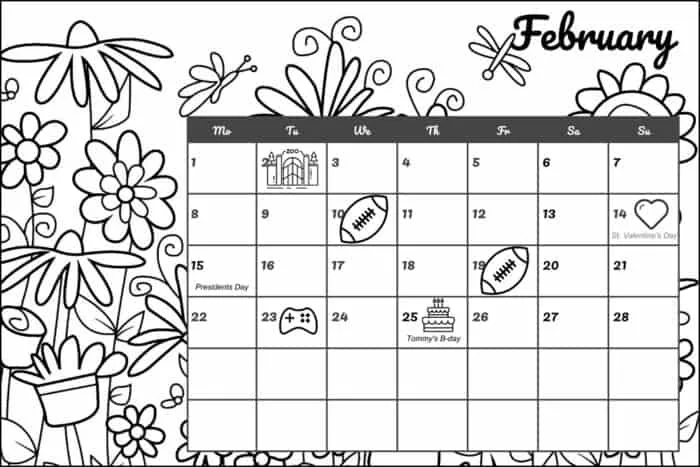 printable coloring calendar for adults (+ 2021 / February 2021)