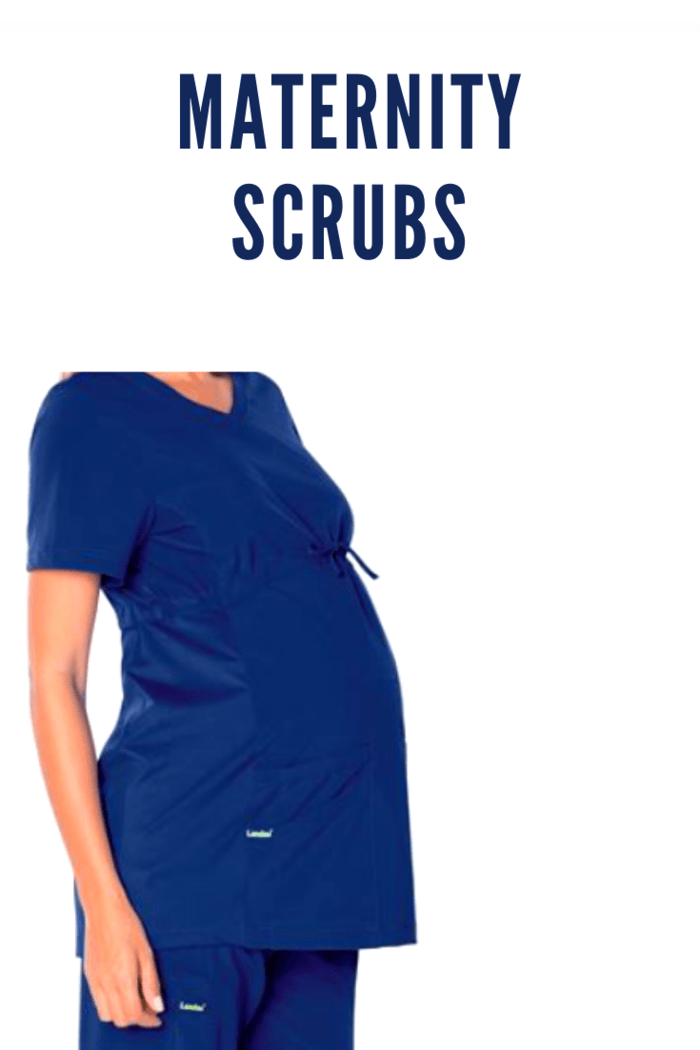 pregnant nurse in navy maternity scrubs