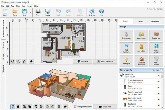 3d design of home adding furniture