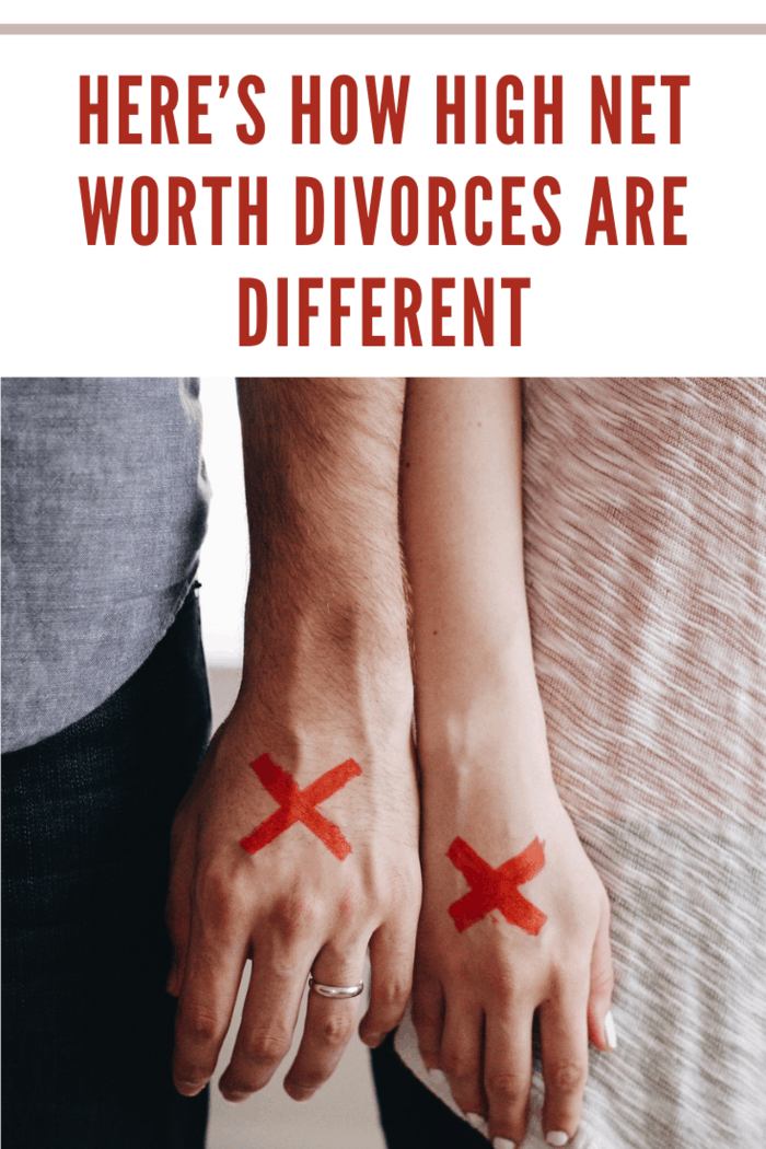 man and woman standing next to each other with a red ex on their hands as a high net worth divorce