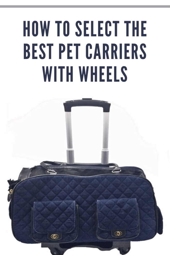 navy pet carrier with wheels.