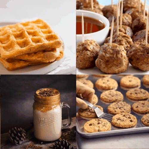 collage of best recipes including meatballs, chaffles, doubletree coolies