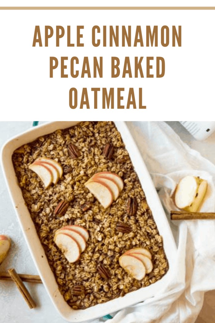 Apple Cinnamon Pecan Baked Oatmeal on table garnished with apple slices.