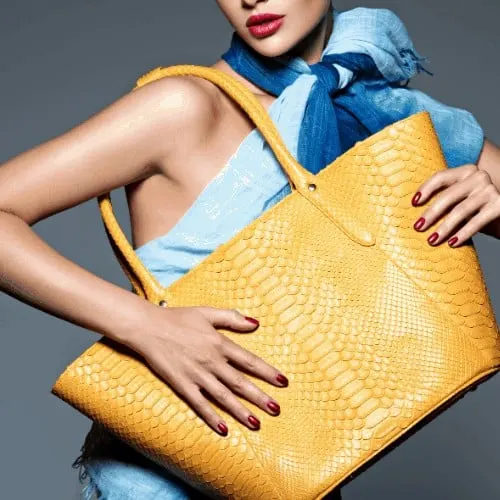 Woman with Yellow Vegan Leather Handbag