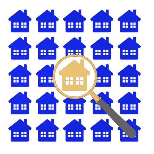 View homes magnifying glass, separating from the crowd, isolated on white background depicting apartment hunting.