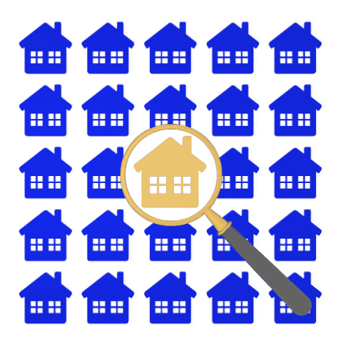 View homes magnifying glass, separating from the crowd, isolated on white background depicting apartment hunting.