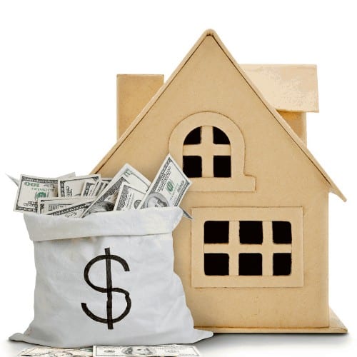 Bag of money with model home on white background.