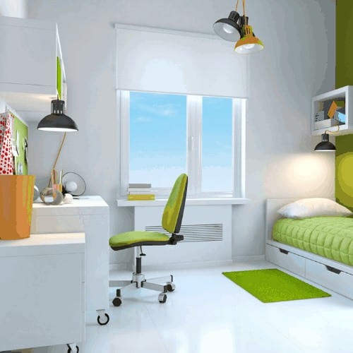 child's dorm room decorated in green