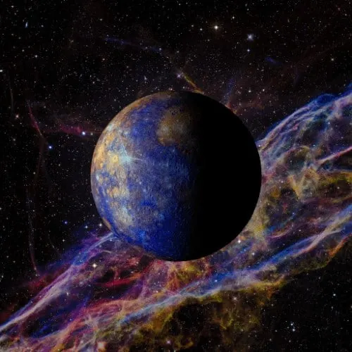 Solar system planet Mercury on nebula background 3d rendering.