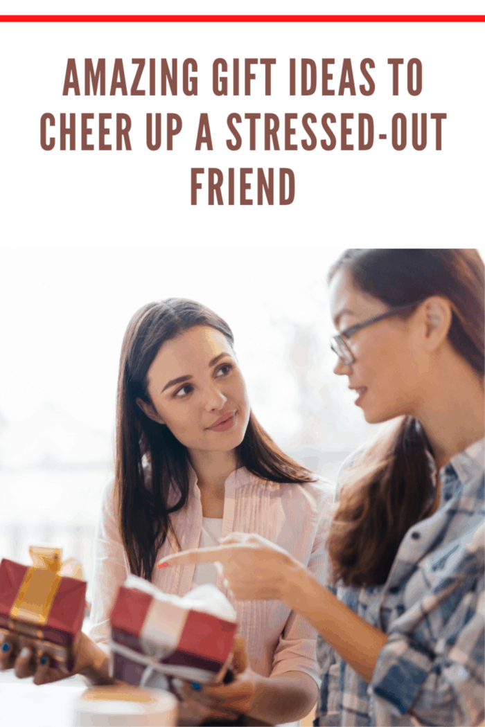 Pretty brunette woman with gifts to cheer up her stressed friend.