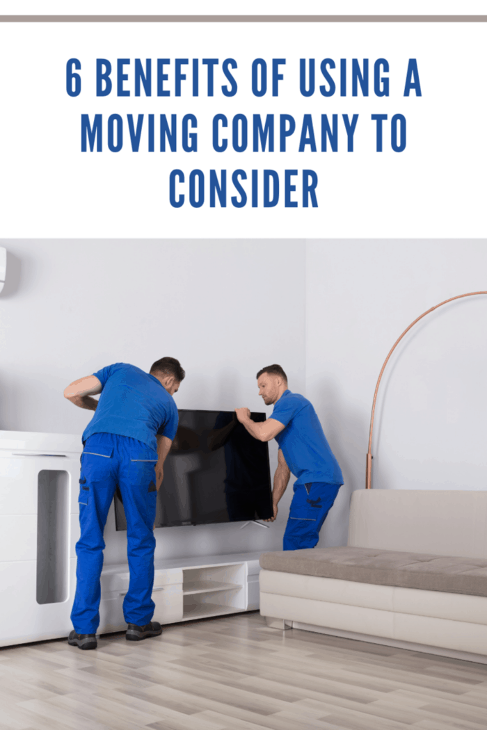 Two Young Male Movers In Uniform Placing Television In Living Room