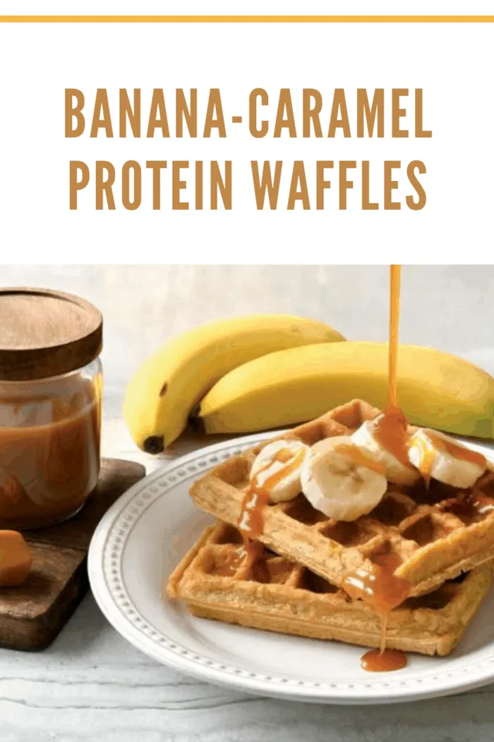 Herbalife Banana Caramel Waffles recipe featuring the finished waffles and ingredients, showing a delicious healthy breakfast option.