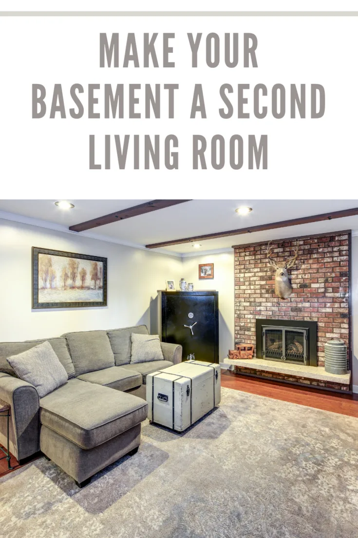 basement living room in neutral colors