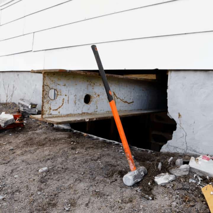 Sledgehammer and steel beam to lift house