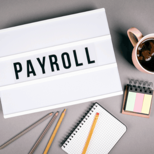 Payroll. Text in light box. Pink coffee mug on gray background