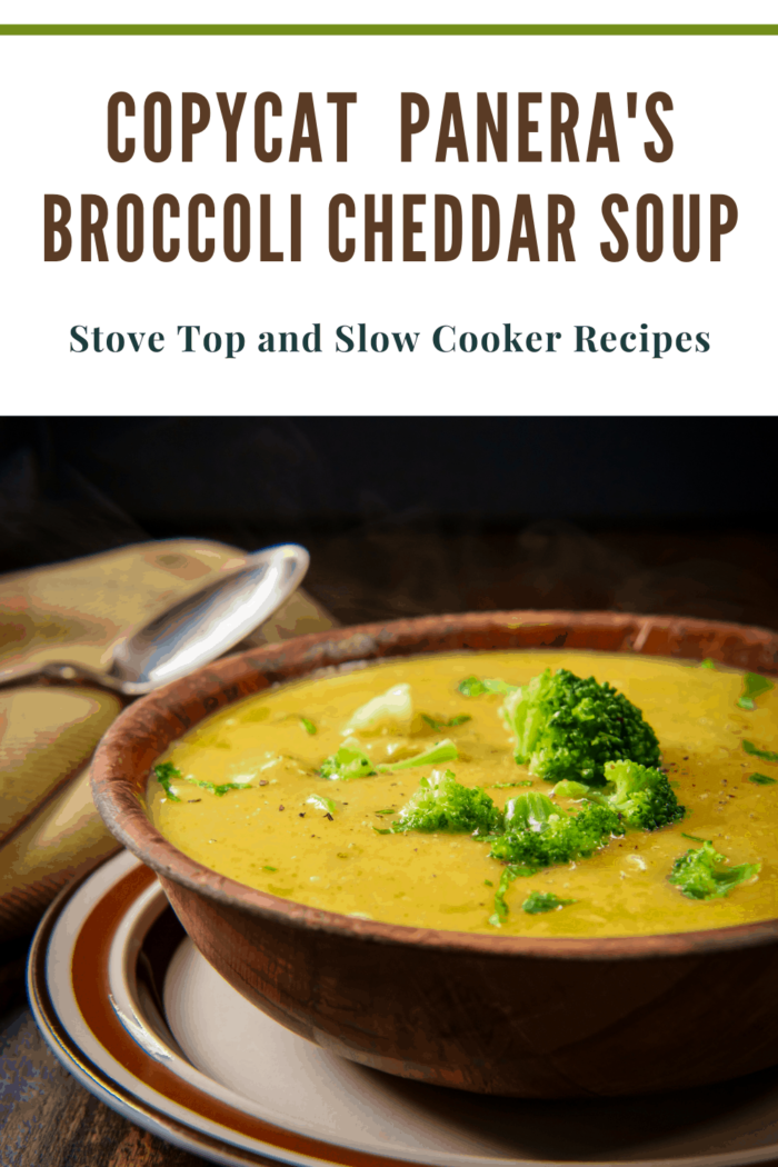 copycat panera bread broccoli cheddar soup in bowl garnished with broccoli florets