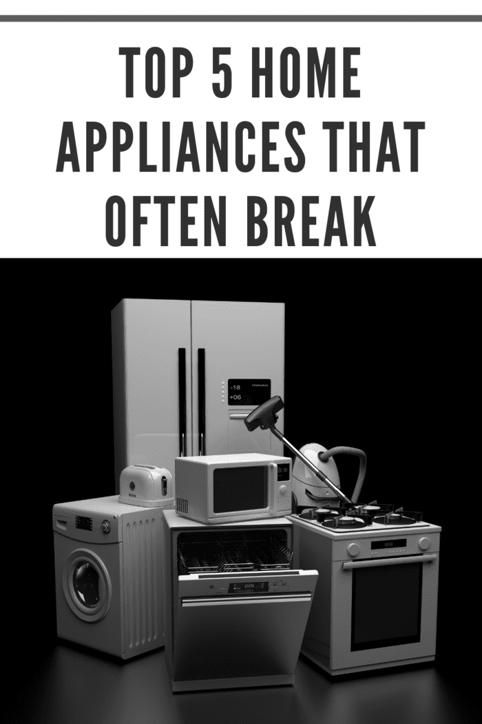 Fridge, dishwasher, and washing machine showing common home appliances that frequently break down.