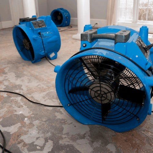 water damage recovery process in a residential home. The flooring is ripped off, and the rooms are sprayed with biowash. Industrial fans and dehumidifiers is placed in the room for the drying and restoration process.